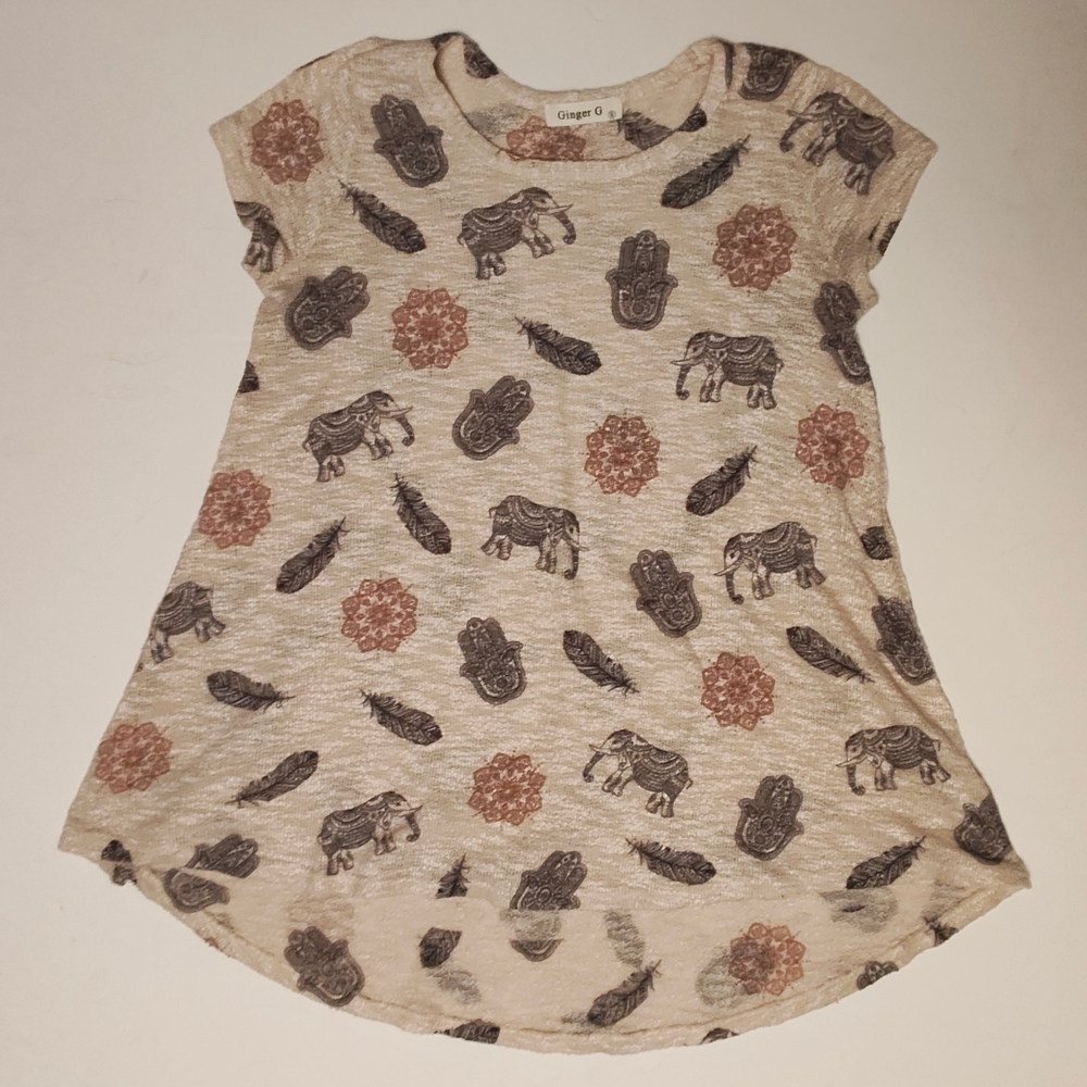 Ginger G Patterned Beige Top with Elephant and Feather Design